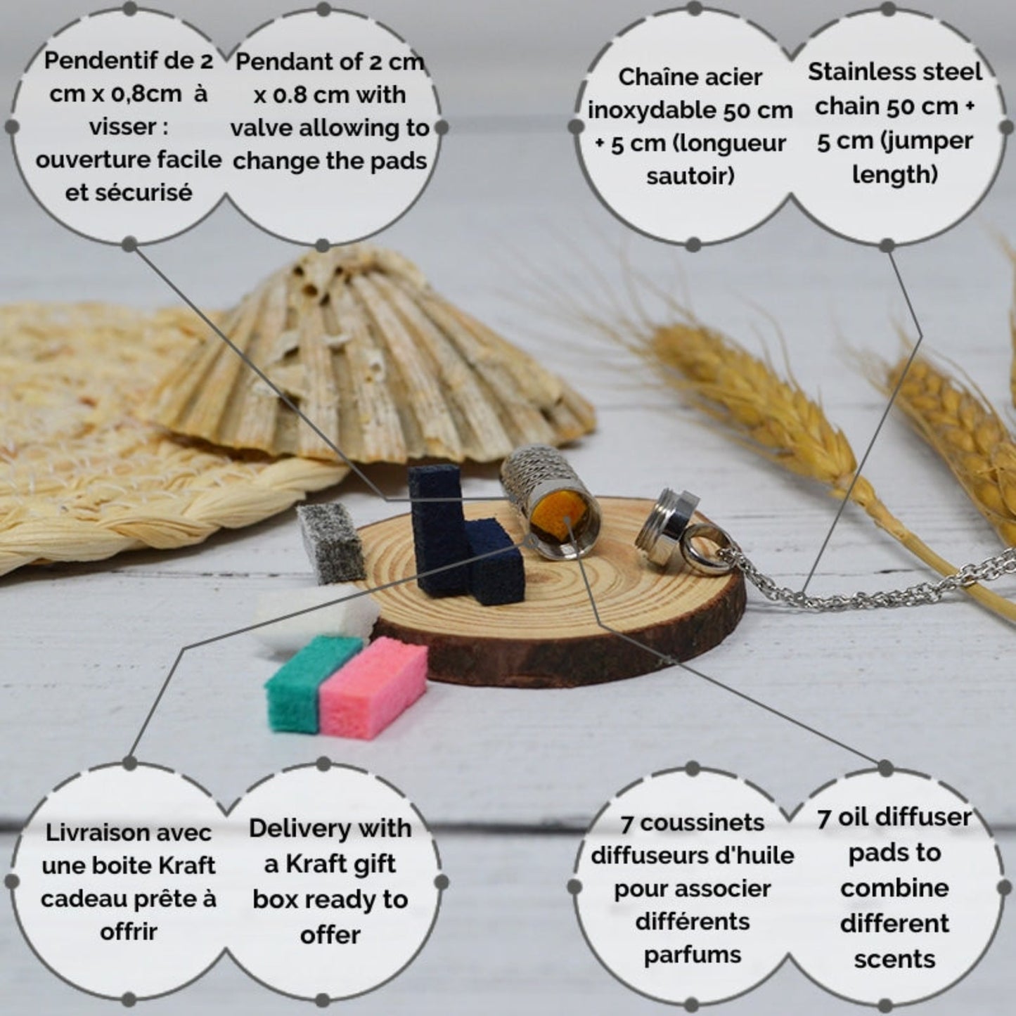 Collier Tube Diffuseur D’huiles Essentiel - éventails avec 7 Feutrines / Patins - Aromathérapie Bijou Aromatherapie, Bijoux Diffuseur,