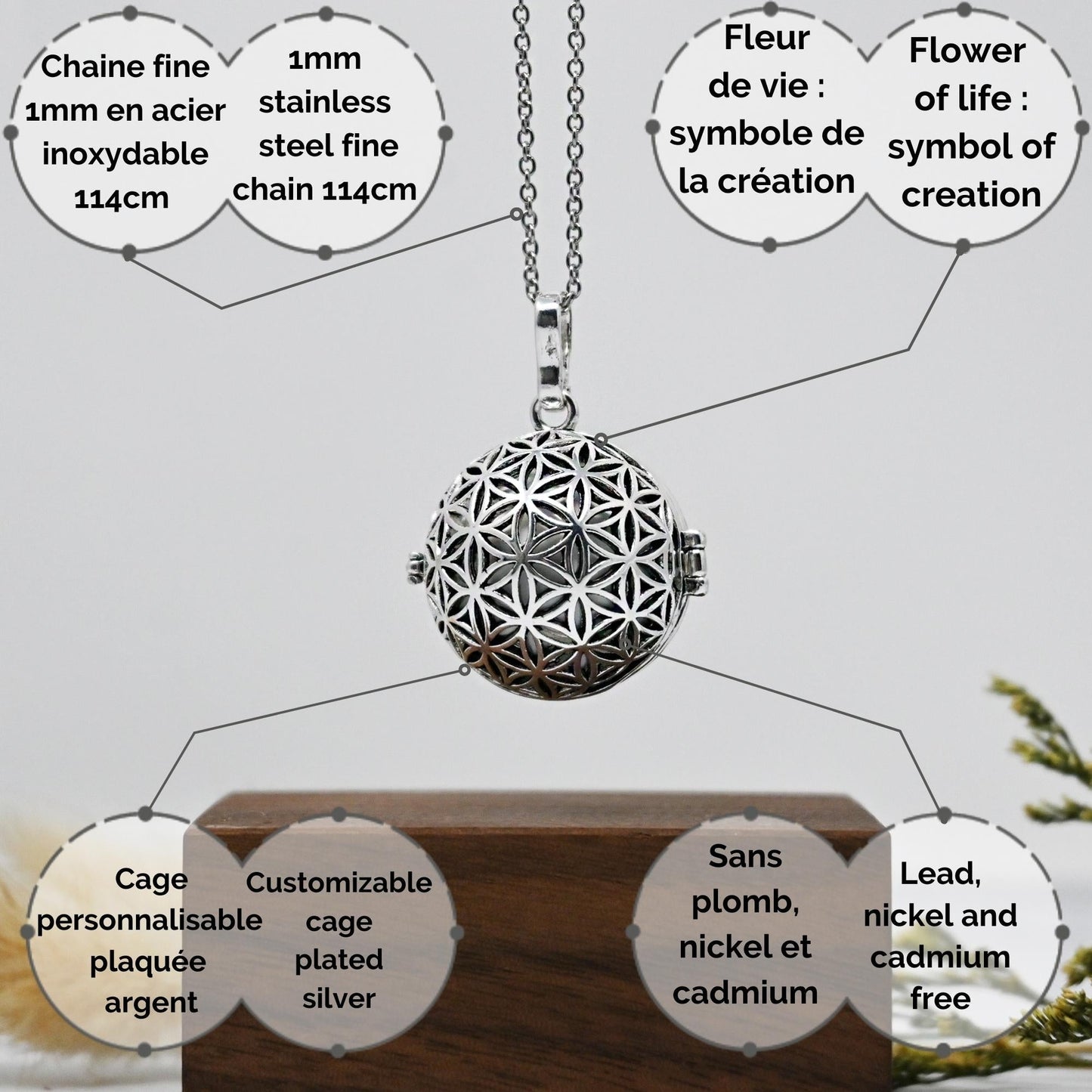 Bola de Grossesse - Lila Colliers Bola 100% Plaqué Argent, Bola, Cage, Collier, Collier