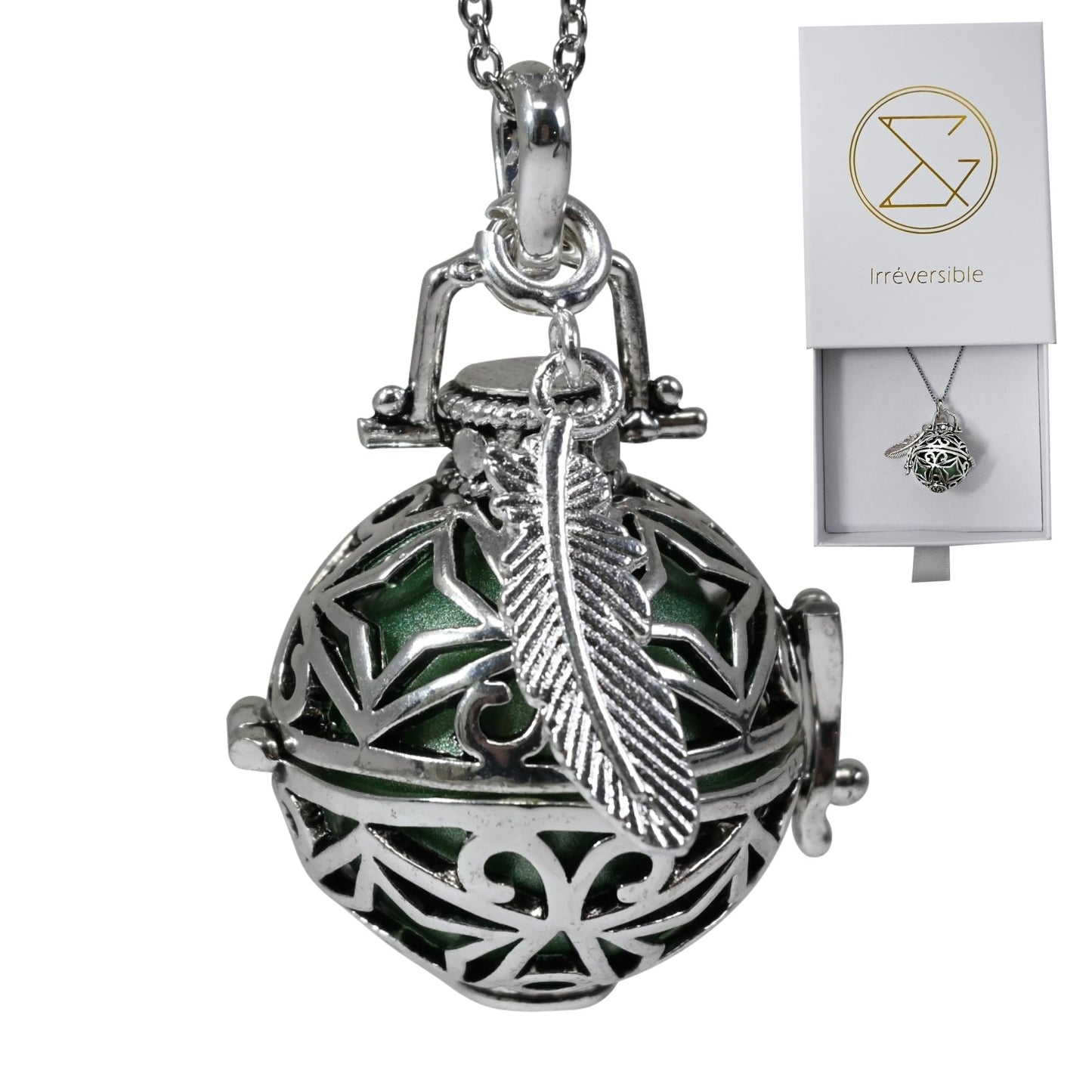 Bola de Grossesse - Lidia Colliers Bola 100% Plaqué Argent, Bille Verte 20mm, Cage 22mm avec Chaine, Création Française, Pendentif Plume