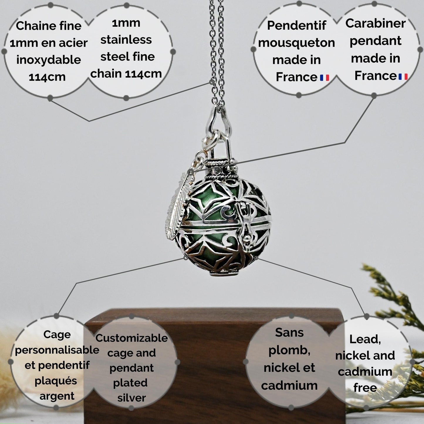 Bola de Grossesse - Lidia Colliers Bola 100% Plaqué Argent, Bille Verte 20mm, Cage 22mm avec Chaine, Création Française, Pendentif Plume