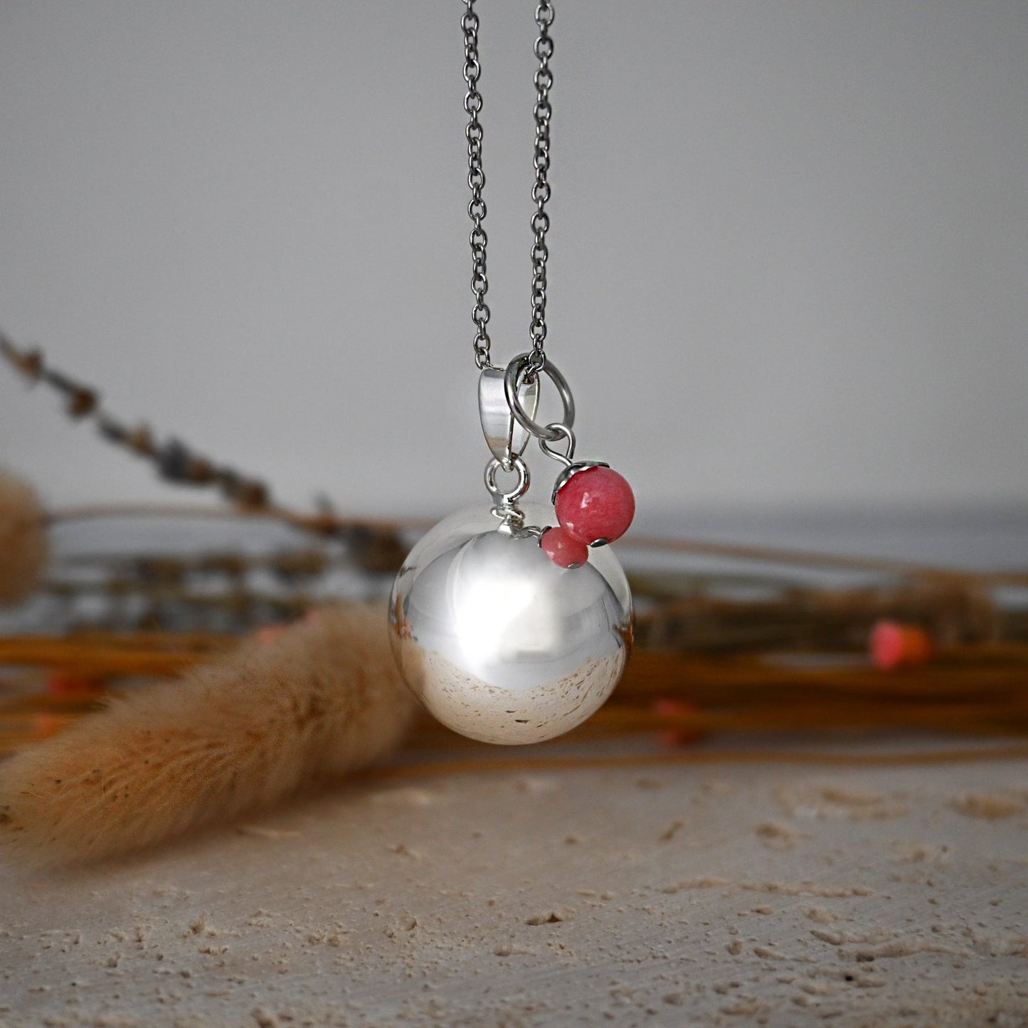 Bola de Grossesse Lithothérapie - Quartz Rose Colliers Bola 100% Plaqué Argent, Bola, Cadeau, Collier Création Française