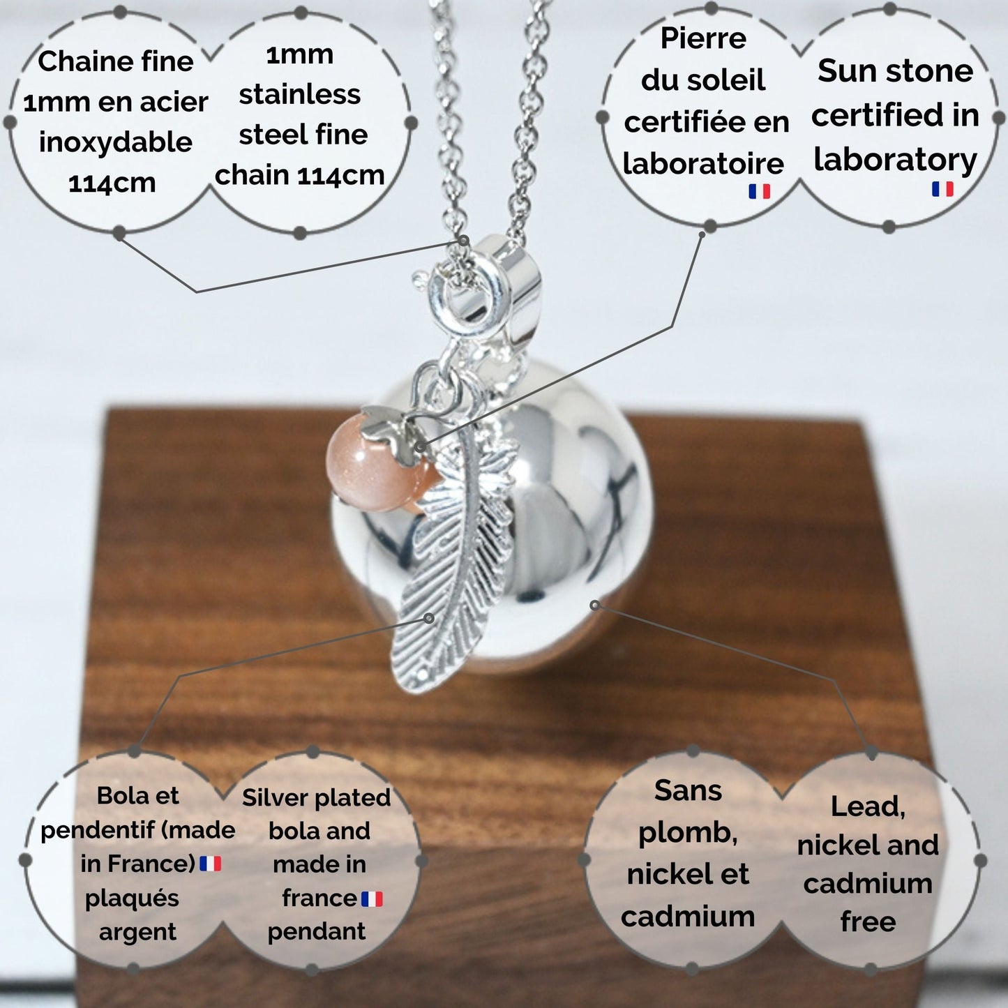 Bola de Grossesse SHANA - Pierre du soleil et pendentif plume indienne