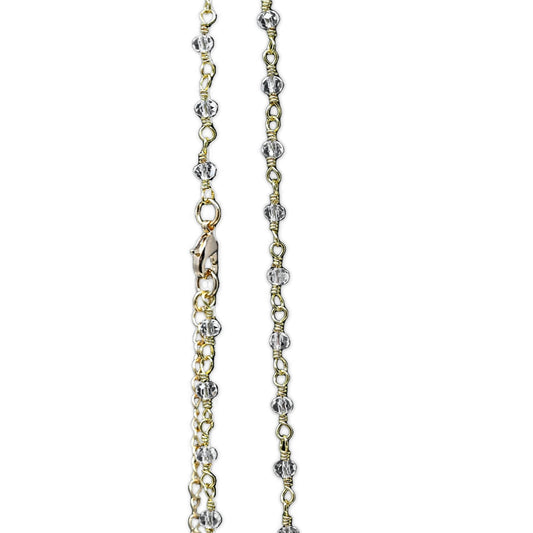 Chaîne perlée plaquée or / cristal blanc 114cm