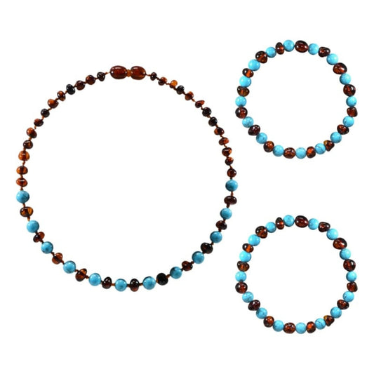 Box 2 bracelets adulte 19cm et collier 32cm - Ambre et pierres naturelles