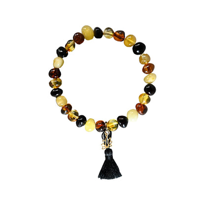 Bracelet adulte - Ambre multicolore, pompon noir et lotus or