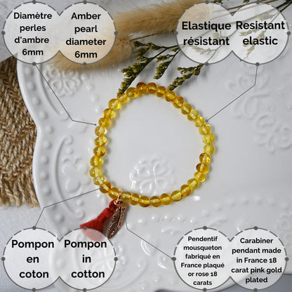 Bracelet adulte - Ambre Honey, pompon rouille et plume or rose
