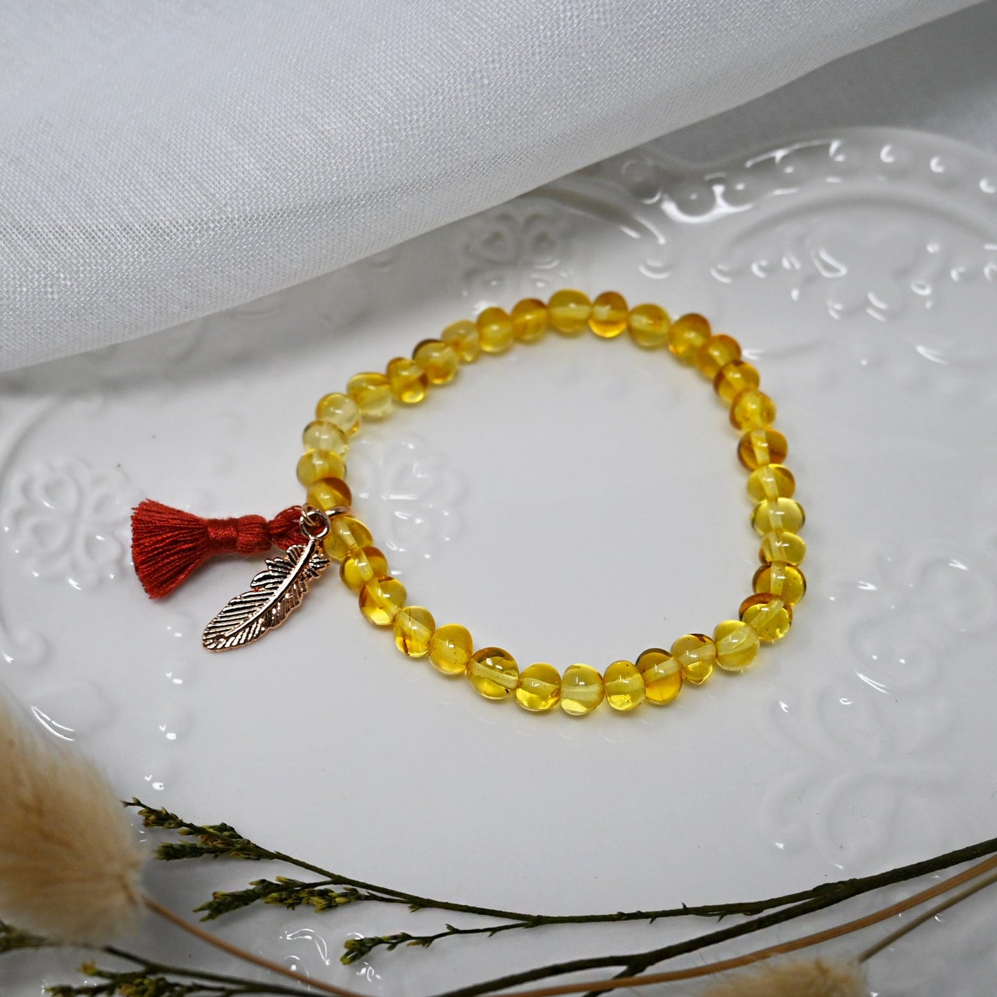 Bracelet adulte - Ambre Honey, pompon rouille et plume or rose